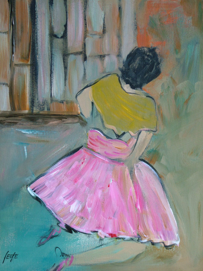 The Warm Up unframed print features a dancer in a pink costume by contemporary American painter Alicia Leeke