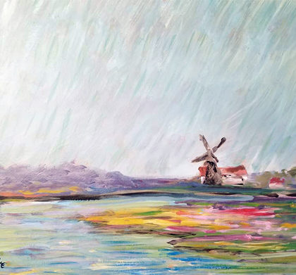 Study of Monet's Champs de Tulips abstract landscape with windmill by South Carolina artist Alicia Leeke