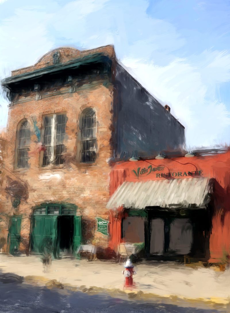 Impressionist digital mixed media cityscape of a restaurant with an awning in Columiba SC by South Carolina artist Alicia Leeke